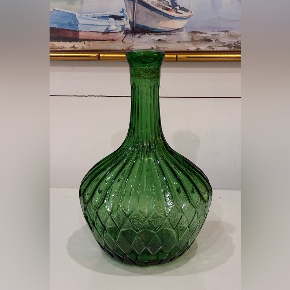 Italian Empoli Vintage Green Glass Decanter Bottle Ribbed Diamond 10.5"”